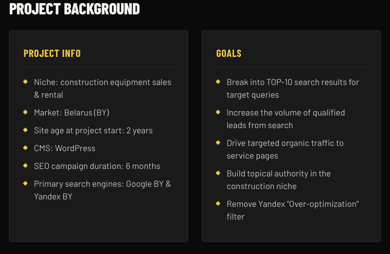 How a 2-year-old construction equipment website went from position 45 to stable TOP-10 in 6 months through full-cycle SEO.